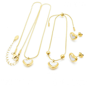 Conjunto De Joias Coração Pérola Banhado em Ouro 18k (Colar, Brinco, Pulseira)